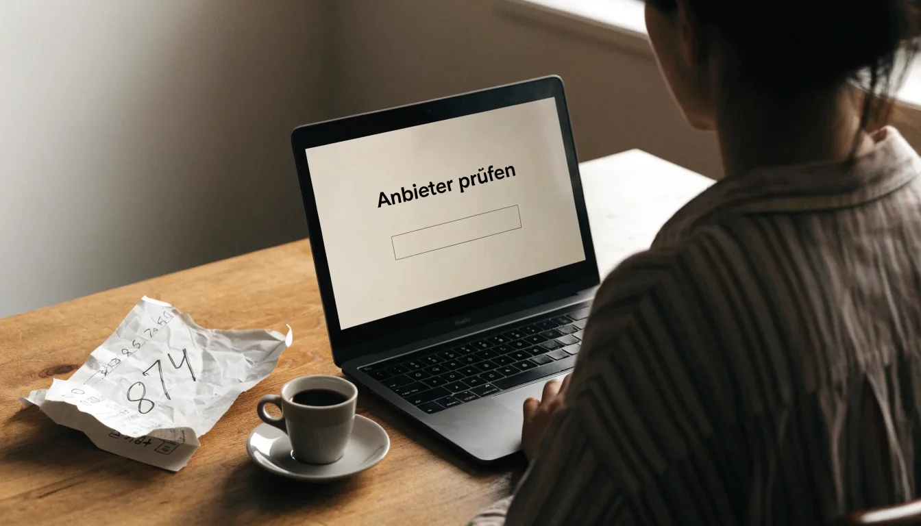 Eine Messingwaage steht auf einem Holzschreibtisch neben einer Kaffeetasse, im Hintergrund ein helles Fenster.