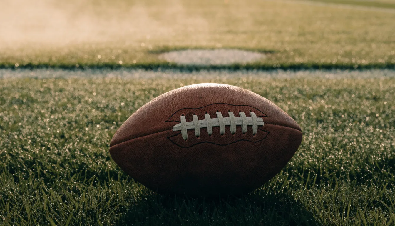 Ein ovaler Lederball mit heller Schnürung liegt auf dem Rasen vor der Endzone, Tau auf dem Gras im ersten Morgenlicht.