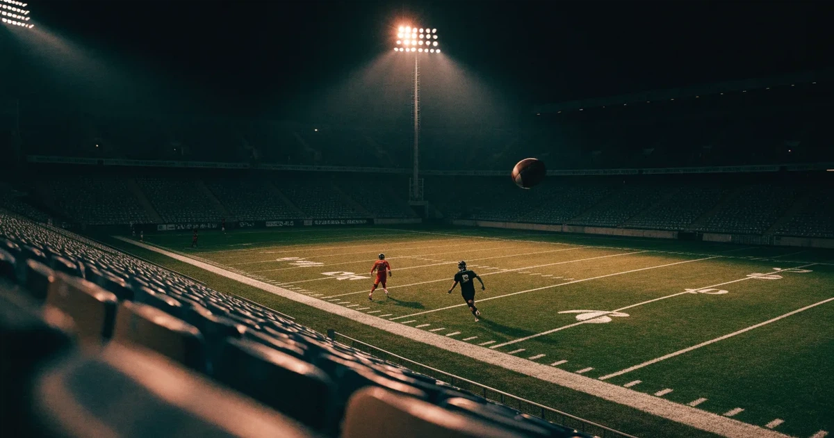 Ein American-Football-Feld mit weißen Yardlinien im Flutlicht, von einer hohen Tribüne aus gesehen, die Ränge leer, Zahlen nicht erkennbar.