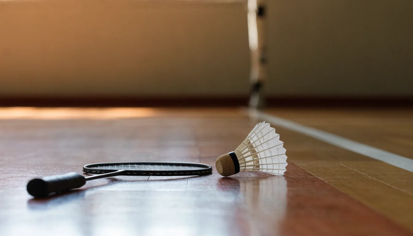 Zwei Badmintonschläger und ein Federball liegen auf einem Holzboden neben der Seitenlinie, weiches Licht fällt von der Seite ein.