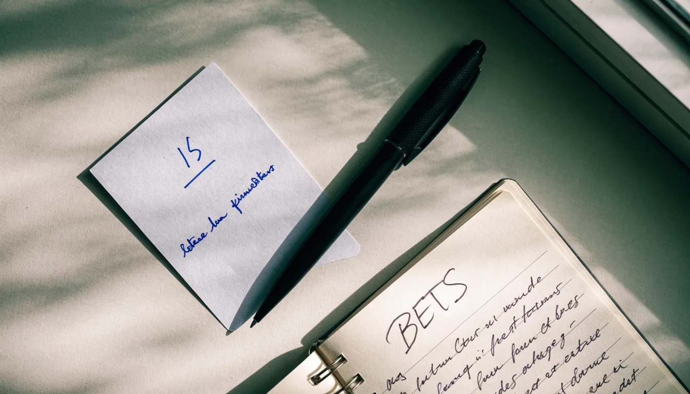 Ein leerer Papierwettschein und ein Kugelschreiber auf einer glatten Schreibtischplatte, daneben ein aufgeschlagenes Notizbuch mit handschriftlichen Notizen.